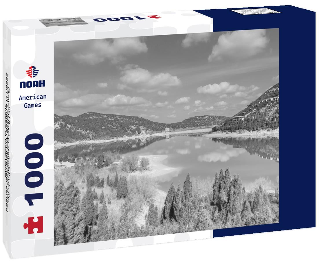 Noah Jigsaw Puzzle Beautiful flowing waterfall into the ocean in Endicott Arm fjord near Juneau Alaska in black white 1000 pieces