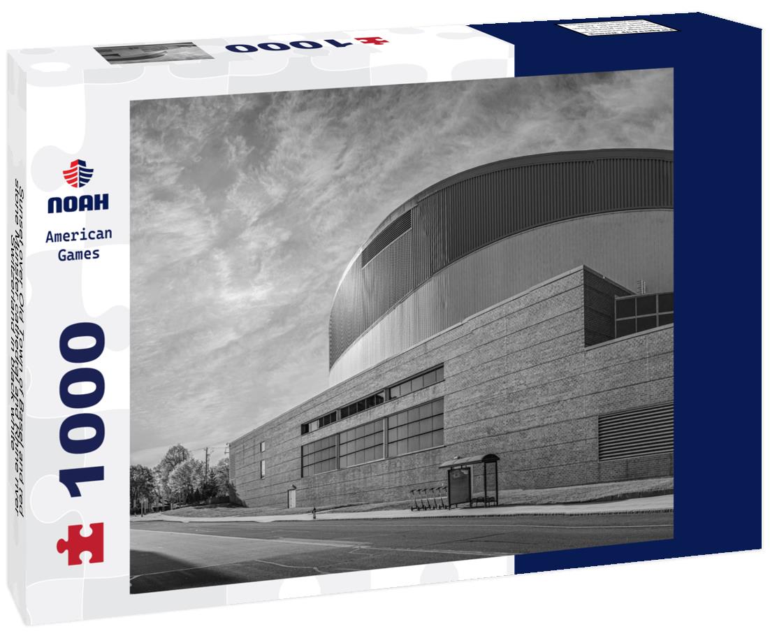 Noah Jigsaw Puzzle Sunset over Old Town of Basel and red stone Munster cathedral and Rhine river, Switzerland in black white 1000 pieces