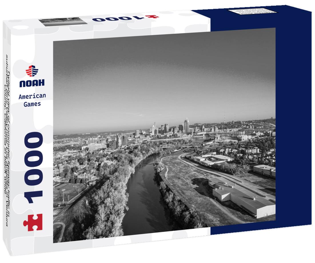 Noah Jigsaw Puzzle Twilight view of commuter freeway traffic in suburban Simi Valley near Los Angeles in Ventura County, California in black white 1000 pieces