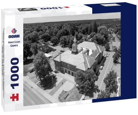 Noah Jigsaw Puzzle Tugboat and Downtown Troy NY in Rensselaer County along the banks of the Hudson River in black white 1000 pieces