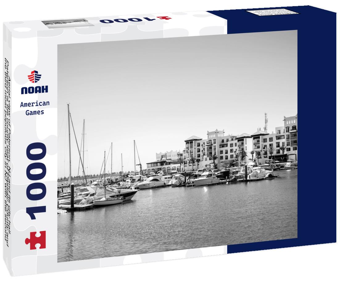 Noah Jigsaw Puzzle Aerial view of Paterson, NJ and its city hall. Paterson is the county seat of Passaic County and the third most populous city in NJ with the second largest Muslim population in the US in black white 1000 pieces