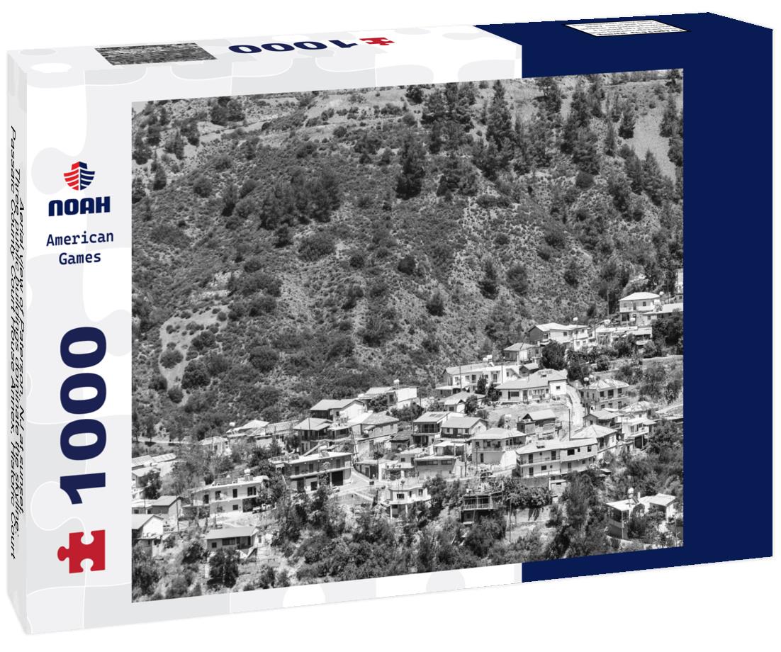 Noah Jigsaw Puzzle Aerial view of Paterson, NJ at sunset. Three public buildings dominate the skyline: Passaic County Court House Annex, Historic Court and Passaic County Superior Court in black white 1000 pieces