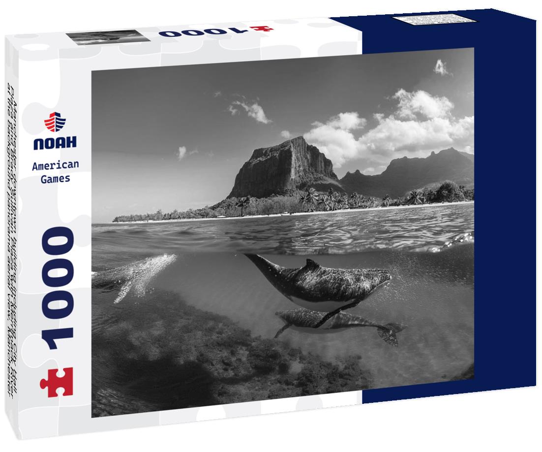 Noah Jigsaw Puzzle Manchester downtown building including City Hall Plaza and Brady Sullivan Plaza with Merrimack River at the background panorama aerial view, Manchester, New Hampshire, NH, USA in black white 1000 pieces