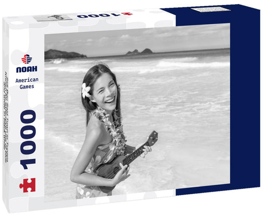 Noah Jigsaw Puzzle Hawaiian woman in a luau, Hawaii, plays the ukulele and dances hula. in black white 1000 pieces