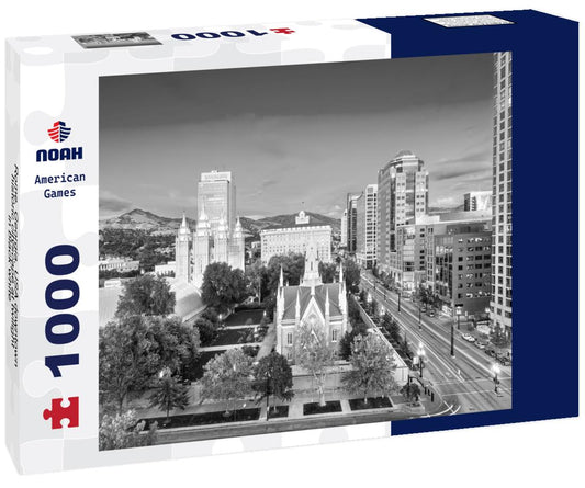 Noah Jigsaw Puzzle Downtown Salt Lake City cityscape over Temple Square at dusk, Utah, USA. in black white 1000 pieces