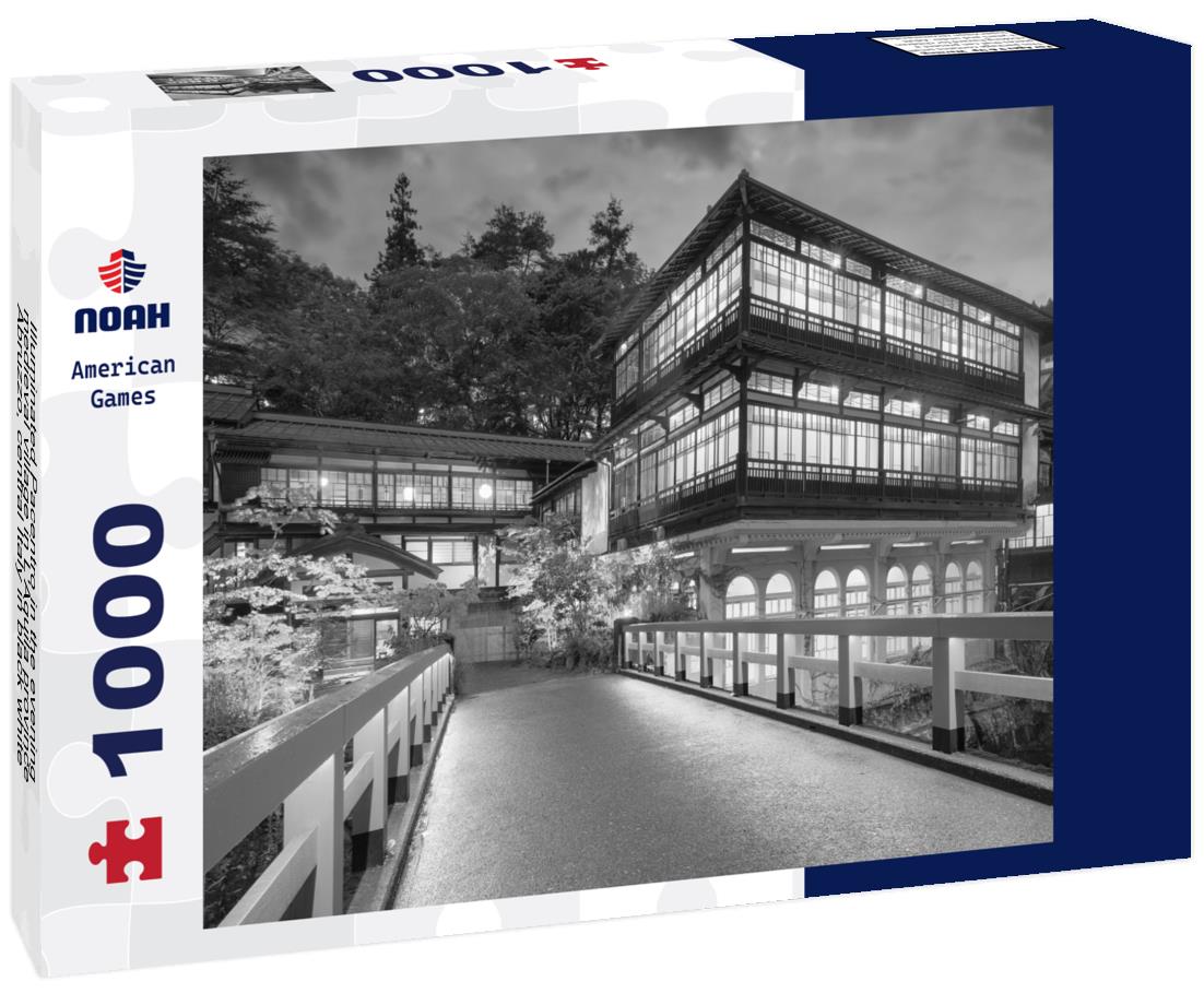 Noah Jigsaw Puzzle Illuminated Pacentro in the evening, medieval village in L'Aquila province, Abruzzo, central Italy in black white 1000 pieces