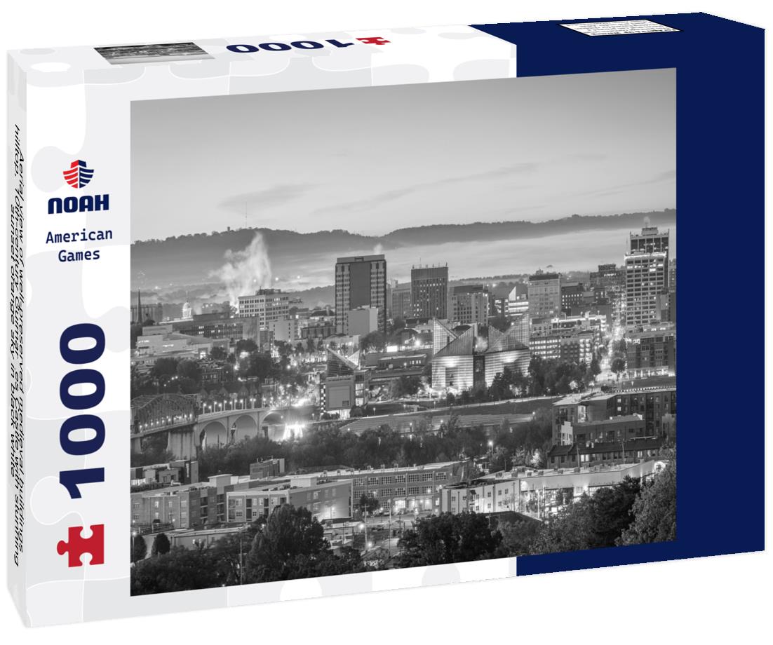 Noah Jigsaw Puzzle Aerial view of well-preserved medieval buildings hilltop, 10th-century Guimarães Castle with stunning sunset orange sky in black white 1000 pieces