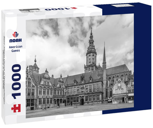 Noah Jigsaw Puzzle The main market square with a bell tower and church is visible in Veurne, Belgium. in black white 1000 pieces