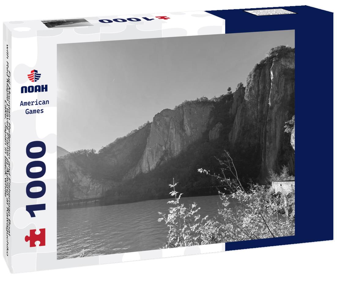 Noah Jigsaw Puzzle Fuji Mountain Reflection and Fisherman Boat with Red Maple Leaves Frame in Autumn at Kawaguchiko Lake, Japan in black white 1000 pieces