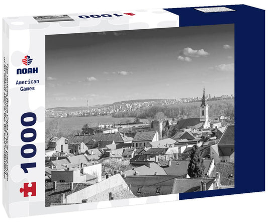 Noah Jigsaw Puzzle A scenic panoramic observation of Belgrade’s cityscape features picturesque houses and historic churches lining the banks of the Danube River, Serbia. in black white 1000 pieces