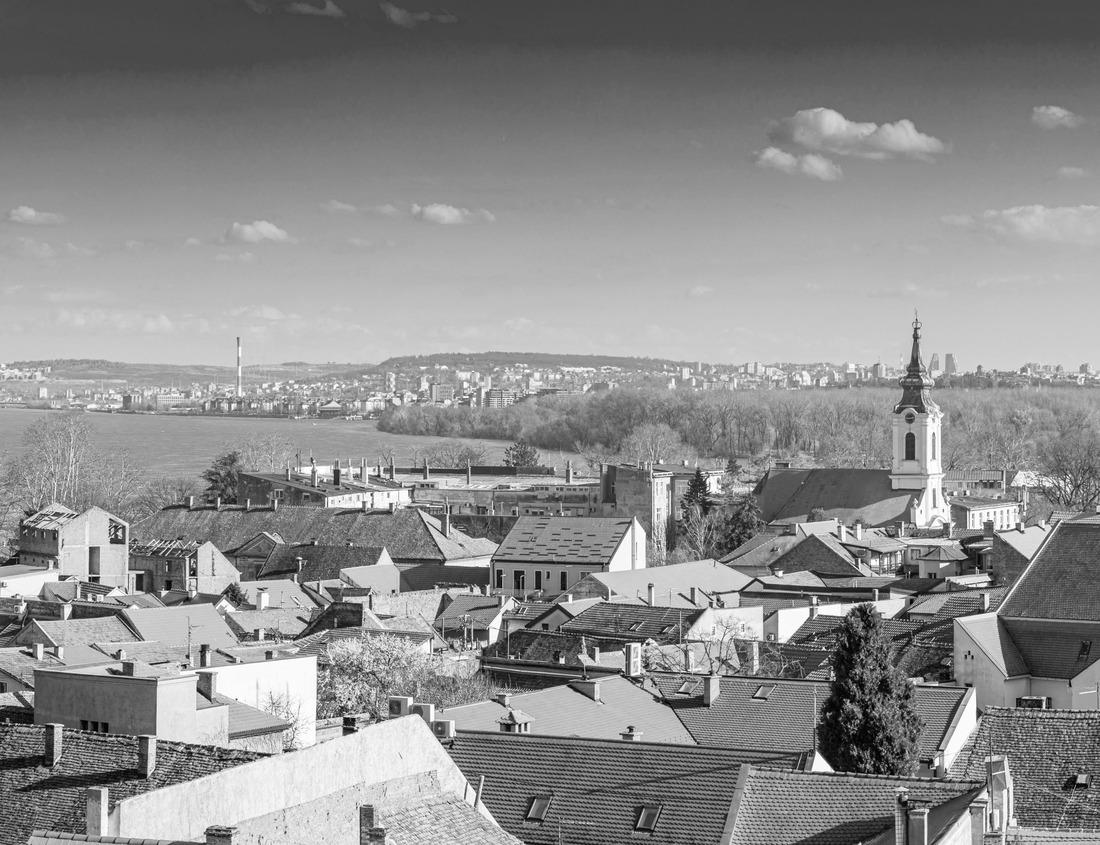 Noah Jigsaw Puzzle A scenic panoramic observation of Belgrade’s cityscape features picturesque houses and historic churches lining the banks of the Danube River, Serbia. in black white 1000 pieces