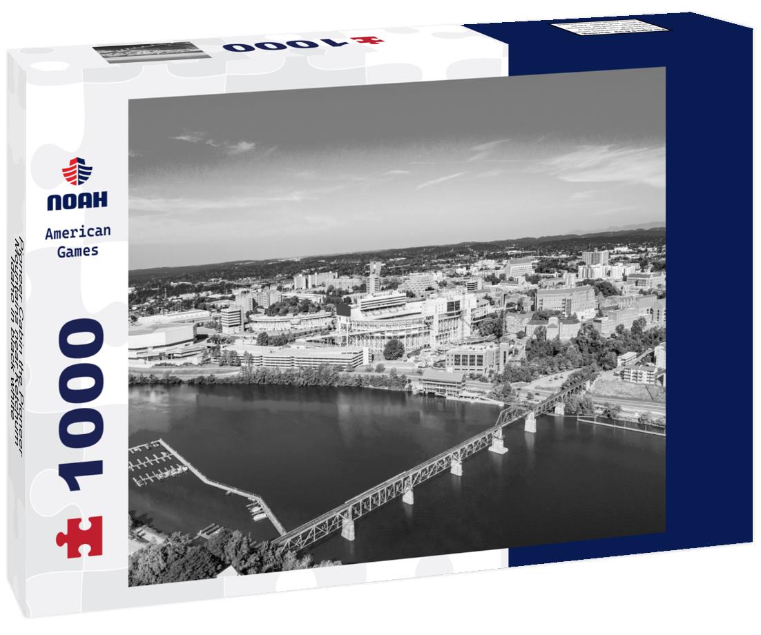 Noah Jigsaw Puzzle Downtown Knoxville, Tennessee, drone skyline aerial view. in black white 1000 pieces