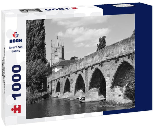 Noah Jigsaw Puzzle Great Barford Packhorse Bridge and All Saints Church Tower in Bedfordshire, England. in black white 1000 pieces