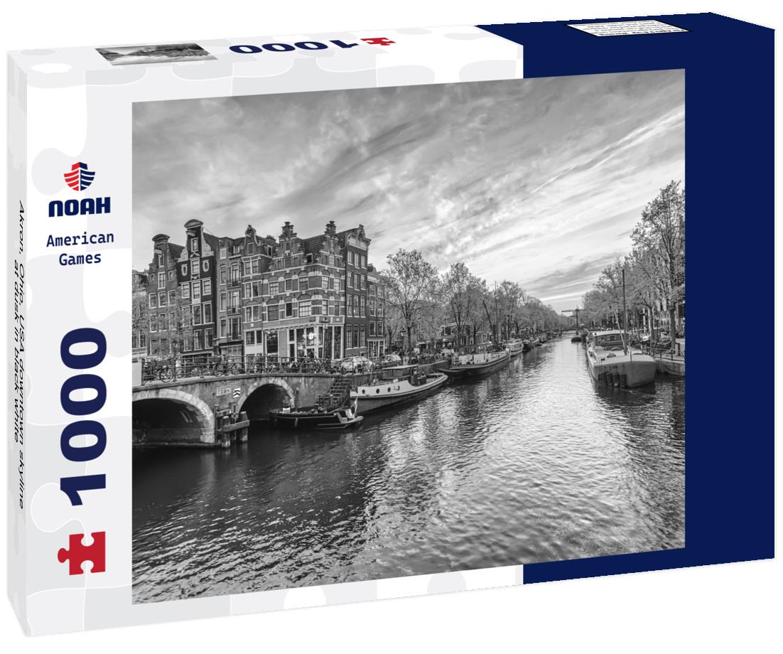Noah Jigsaw Puzzle Akron, Ohio, USA downtown skyline at dusk in black white 1000 pieces