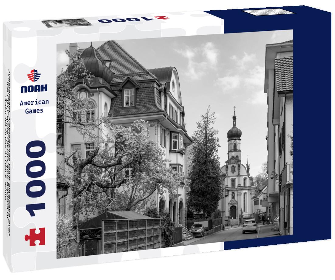Noah Jigsaw Puzzle Amsterdam, Netherlands town cityscape over the Old Centre District with Basilica of Saint Nicholas in black white 1000 pieces