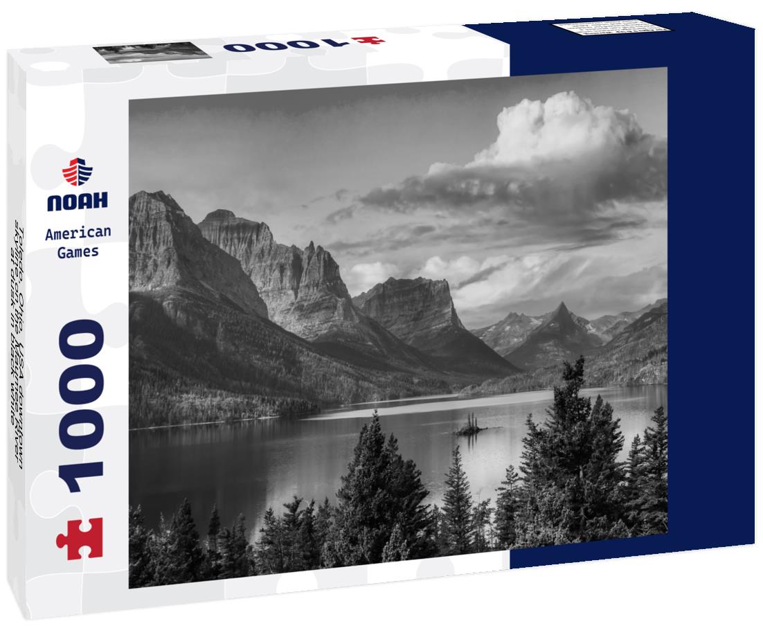 Noah Jigsaw Puzzle Panoramic View of Glacier Lake with American Rocky Mountains at Sunrise in Glacier National Park, Montana. in black white 1000 pieces