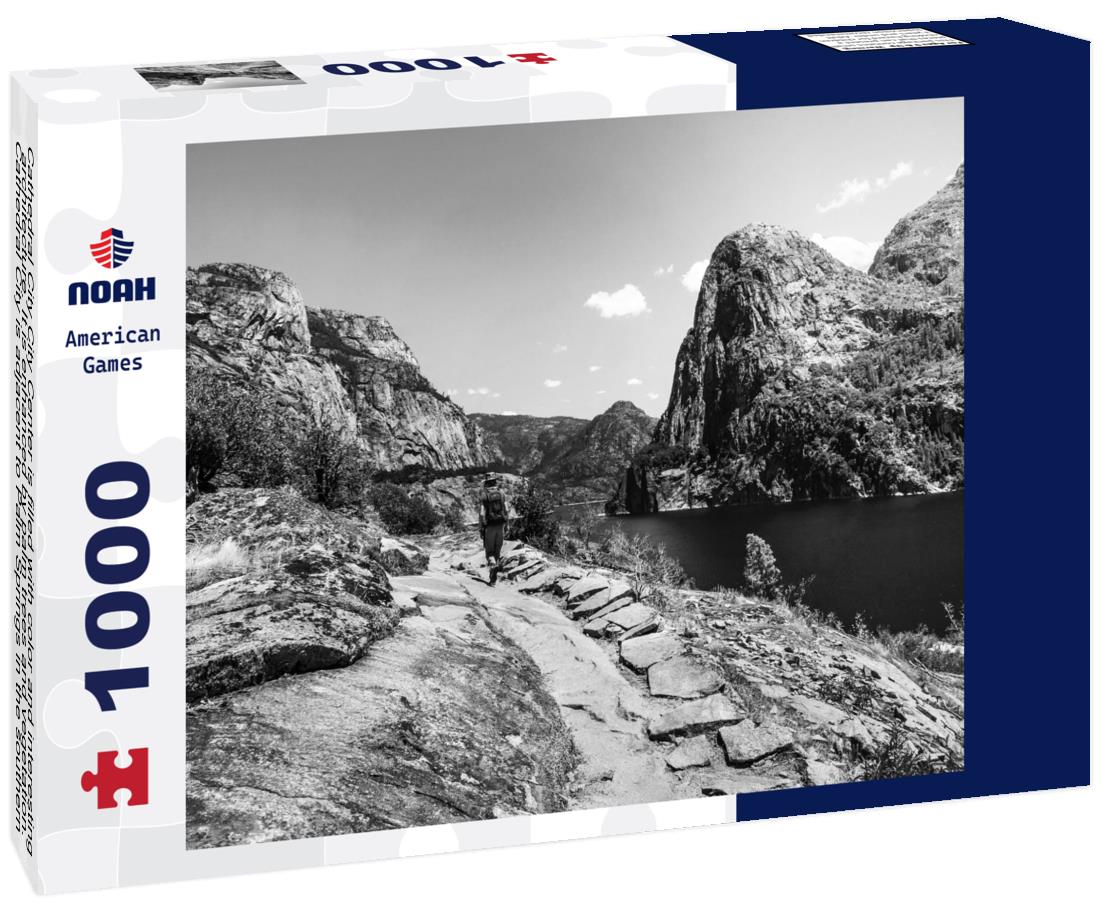 Noah Jigsaw Puzzle Hiking is taking place on the shoreline of Hetch Hetchy Reservoir in Yosemite National Park, California. in black white 1000 pieces