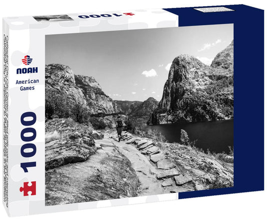 Noah Jigsaw Puzzle Hiking is taking place on the shoreline of Hetch Hetchy Reservoir in Yosemite National Park, California. in black white 1000 pieces