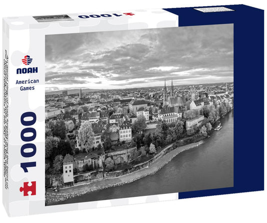 Noah Jigsaw Puzzle An aerial view of lush forestry and the bend of the Kentucky River with a boat on the water and cloud reflections in the sky in black white 1000 pieces