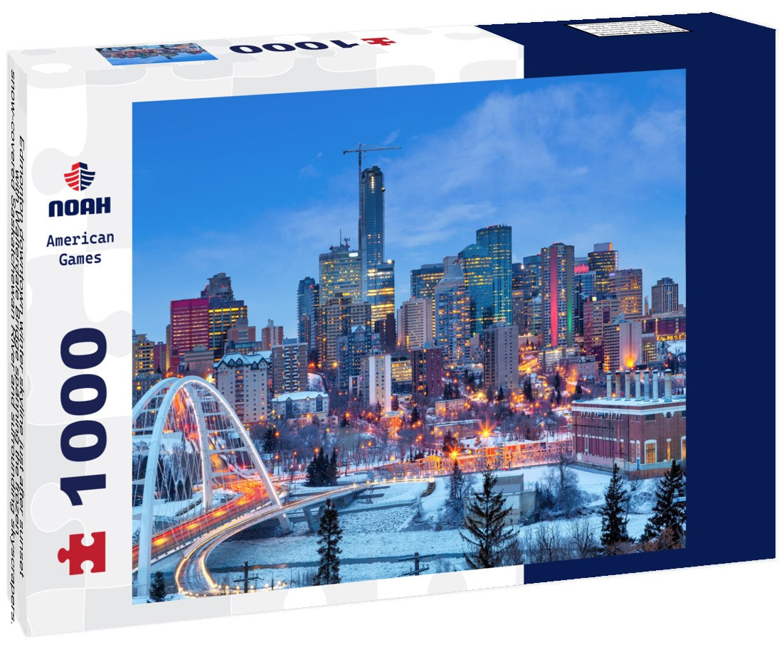 Noah Jigsaw Puzzle Edmonton downtown winter skyline just after sunset with Walterdale Bridge spanning the frozen, snow-covered Saskatchewan River and surrounding skyscrapers. Edmonton is the capital of Alberta, Canada 1000 pieces