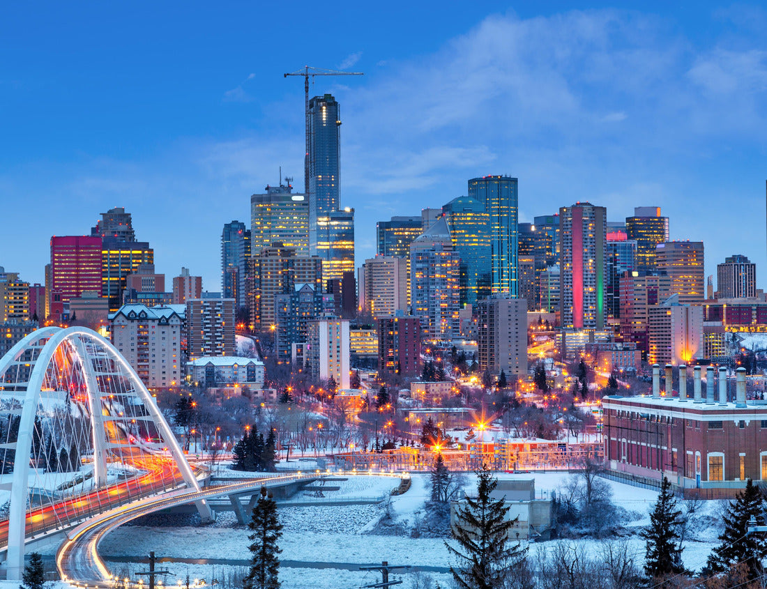 Noah Jigsaw Puzzle Edmonton downtown winter skyline just after sunset with Walterdale Bridge spanning the frozen, snow-covered Saskatchewan River and surrounding skyscrapers. Edmonton is the capital of Alberta, Canada 1000 pieces
