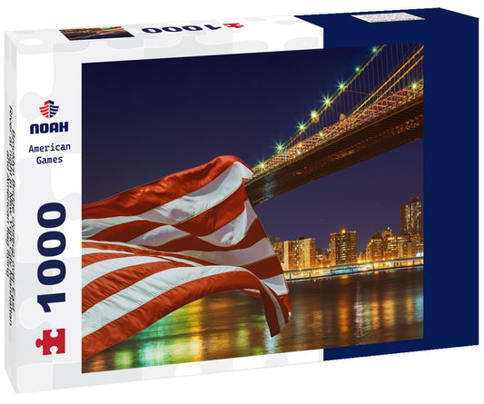 Noah Jigsaw Puzzle Brooklyn Bridge closeup over East River at night in New York City Manhattan and American flag flying 1000 pieces
