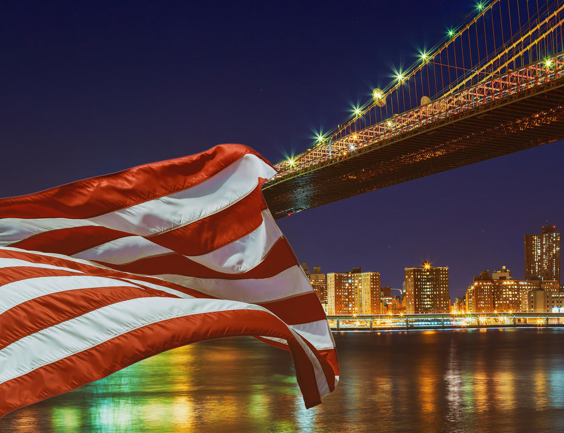 Noah Jigsaw Puzzle Brooklyn Bridge closeup over East River at night in New York City Manhattan and American flag flying 1000 pieces