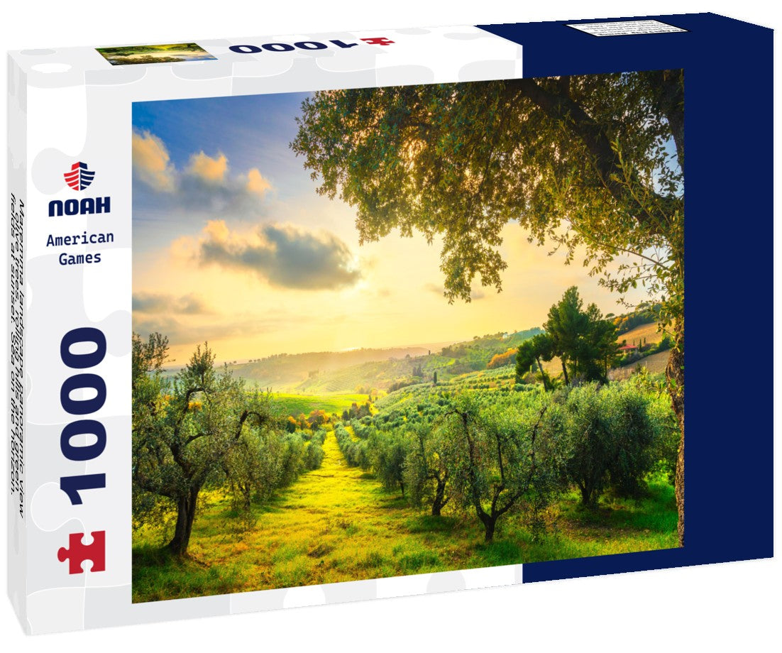Noah Jigsaw Puzzle Maremma landscape panoramic view, olive trees, rolling hills and green fields at sunset. Sea on the horizon. Casale Marittimo, Pisa, Tuscany Italy 1000 pieces