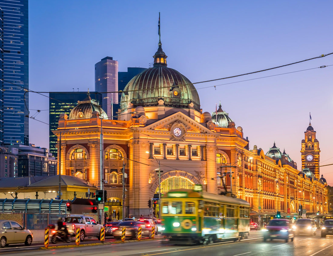 Noah Jigsaw Puzzle Melbourne Flinders Street Train Station with moving tram in Australia at sunset 1000 pieces