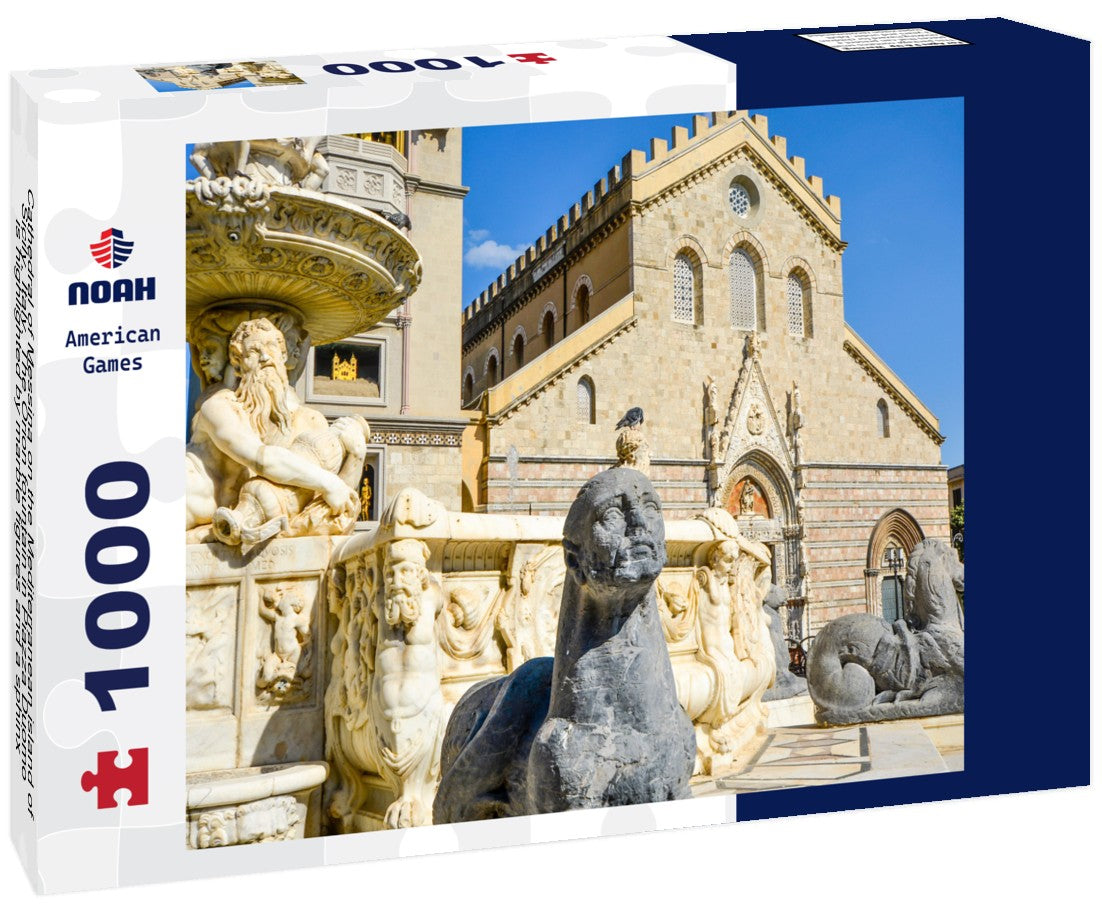 Noah Jigsaw Puzzle Cathedral of Messina on the Mediterranean island of Sicily, Italy. The Orion fountain in Piazza Duomo is highlighted by marble figures and a sphinx 1000 pieces