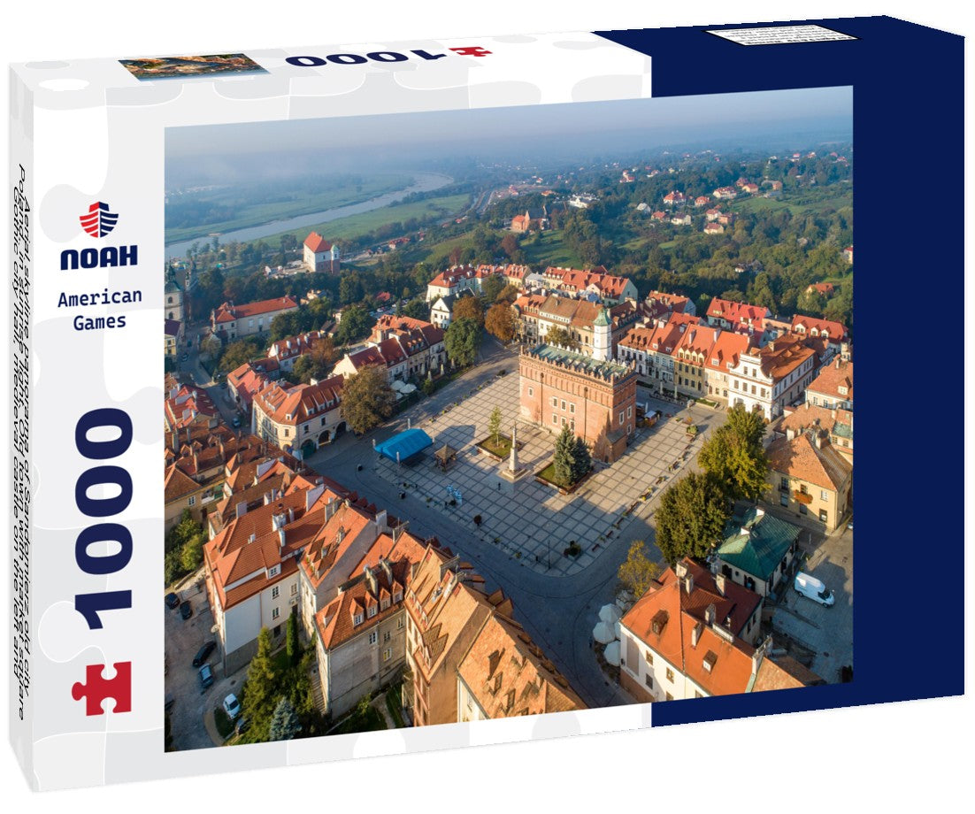 Noah Jigsaw Puzzle Aerial skyline panorama of Sandomierz old city, Poland, in sunrise light. Old town with market square, Gothic city hall, medieval castle on the left and Vistula River in morning fog in the background 1000 pieces