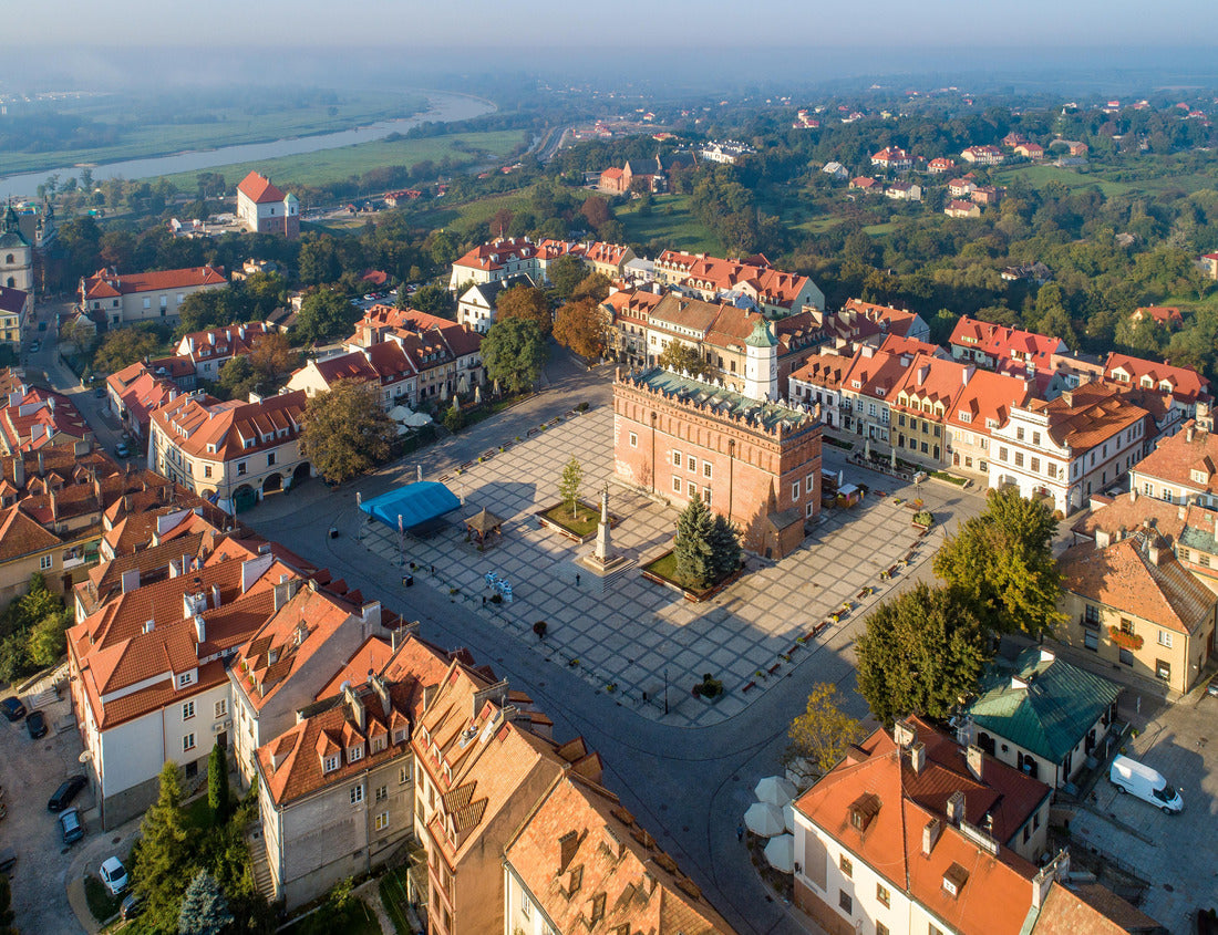 Noah Jigsaw Puzzle Aerial skyline panorama of Sandomierz old city, Poland, in sunrise light. Old town with market square, Gothic city hall, medieval castle on the left and Vistula River in morning fog in the background 1000 pieces