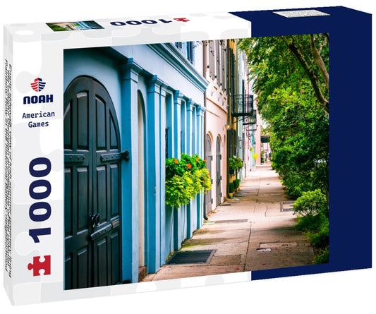 Noah Jigsaw Puzzle Empty sidewalk view of lush summer greenery lining the colorful Georgian architecture of the colonial Rainbow Row in the historical Battery neighborhood of Charleston, South Carolina, USA 1000 pieces