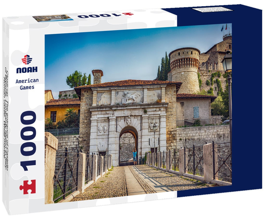 Noah Jigsaw Puzzle Close-up. The entrance of Castello of Brescia, Lombardy region in Italy. Roman castle. White marble 1000 pieces