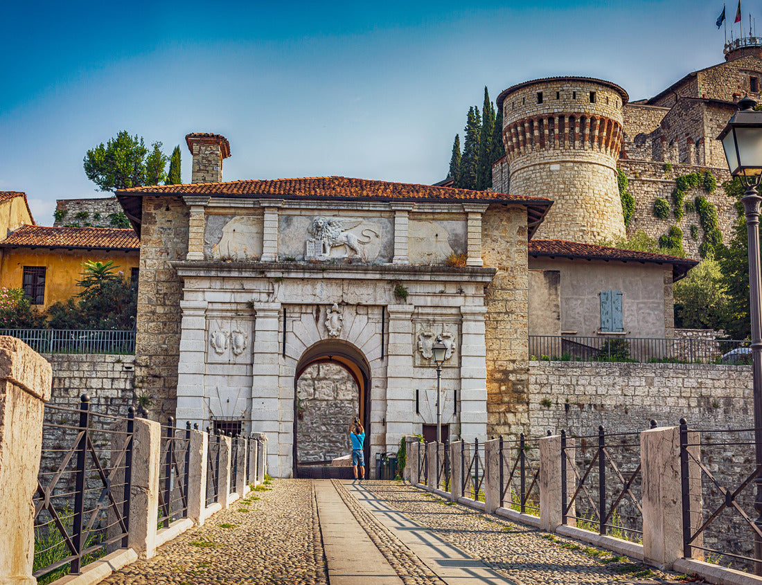 Noah Jigsaw Puzzle Close-up. The entrance of Castello of Brescia, Lombardy region in Italy. Roman castle. White marble 1000 pieces