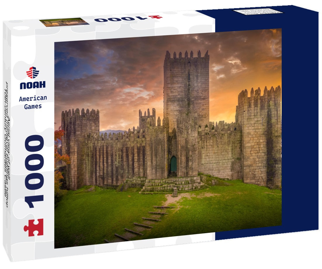 Noah Jigsaw Puzzle Aerial view of well-preserved medieval buildings hilltop, 10th-century Guimarães Castle with stunning sunset orange sky 1000 pieces