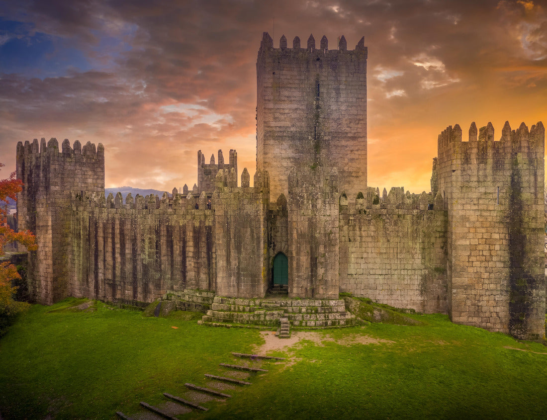 Noah Jigsaw Puzzle Aerial view of well-preserved medieval buildings hilltop, 10th-century Guimarães Castle with stunning sunset orange sky 1000 pieces
