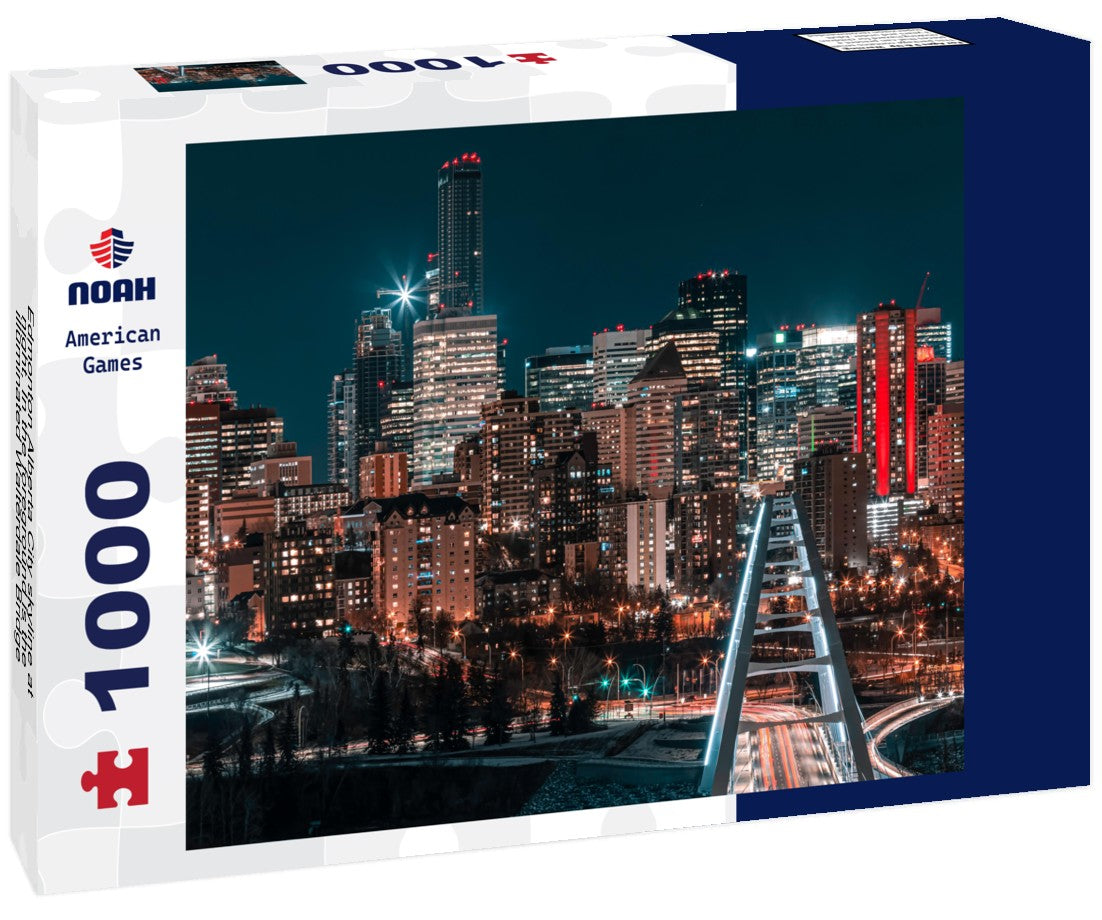 Noah Jigsaw Puzzle Edmonton Alberta City skyline at night. In the foreground is the illuminated Walterdale Bridge 1000 pieces