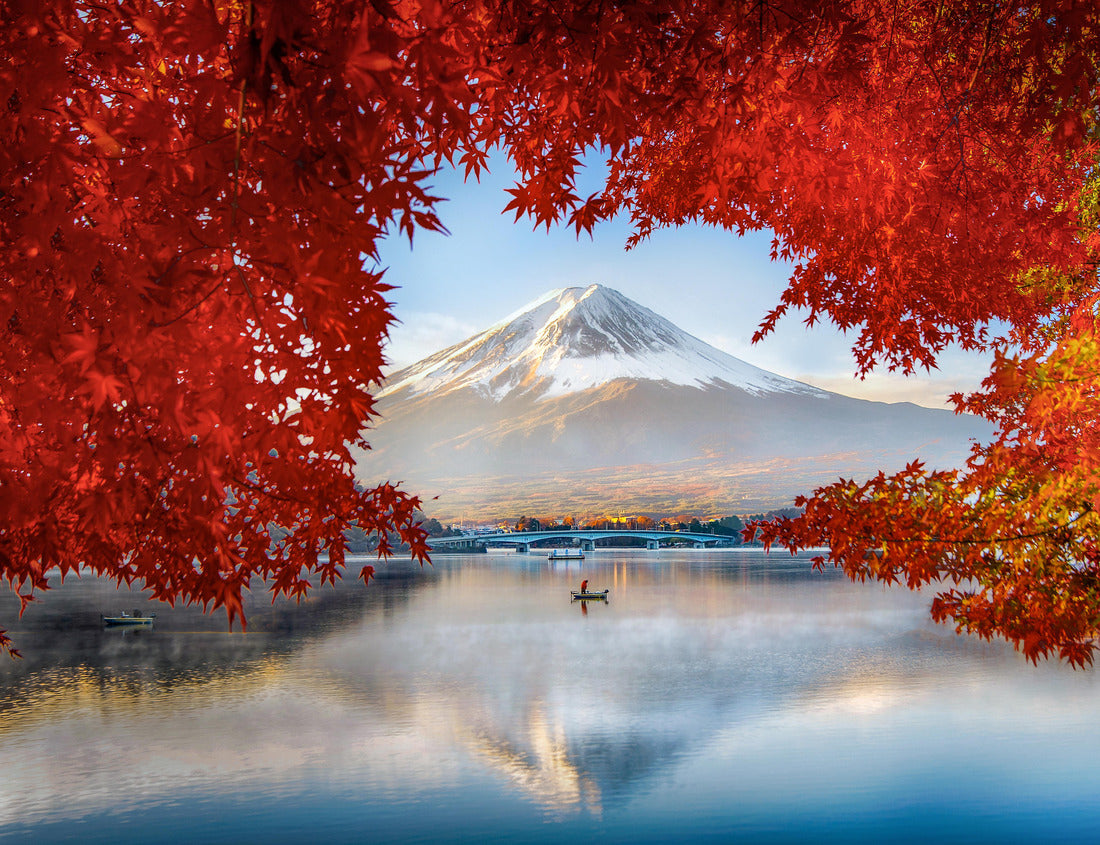 Noah Jigsaw Puzzle Fuji Mountain Reflection and Fisherman Boat with Red Maple Leaves Frame in Autumn at Kawaguchiko Lake, Japan 1000 pieces