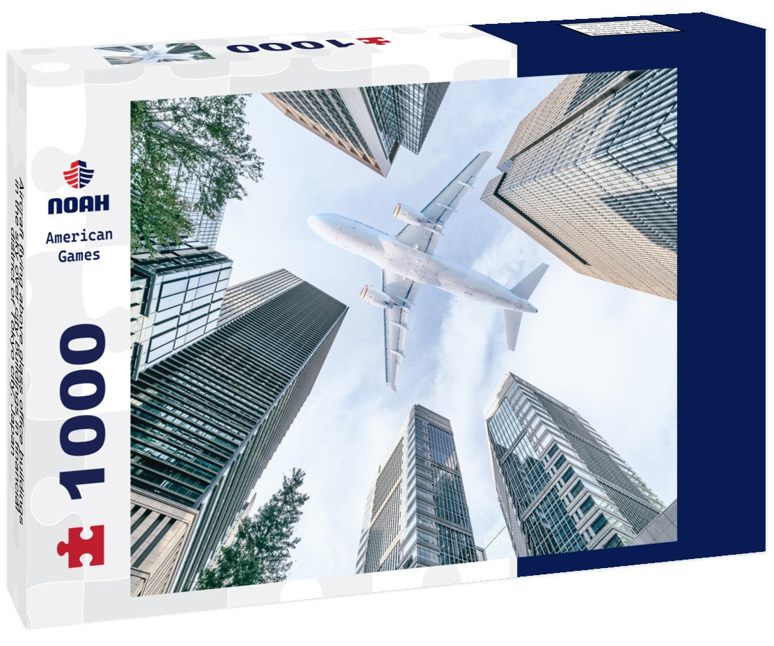 Noah Jigsaw Puzzle Aircraft flying above glass office buildings in the sky over city buildings in financial district of Tokyo city, Japan 1000 pieces