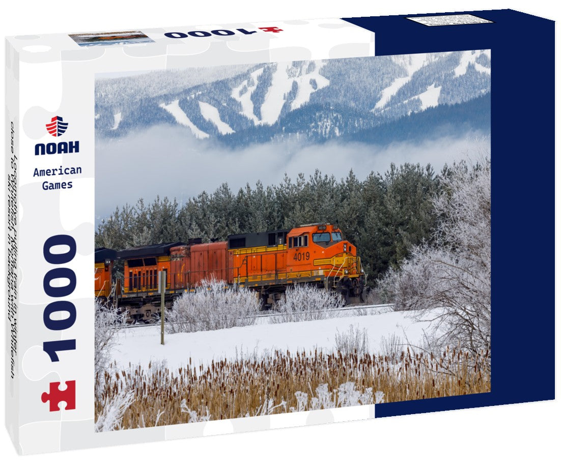 Noah Jigsaw Puzzle Locomotive pulling train in winter close to Whitefish, Montana with Whitefish ski resort in background 1000 pieces