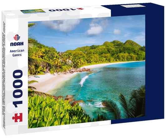 Noah Jigsaw Puzzle Mahe Island, Seychelles. Holiday vocation on the beautiful exotic Anse Intendance tropical beach. Ocean wave rolling towards sandy beach with coconut palm trees 1000 pieces