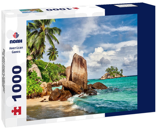 Noah Jigsaw Puzzle Beautiful beach with palm tree and rocks landscape at Seychelles, Mahe 1000 pieces