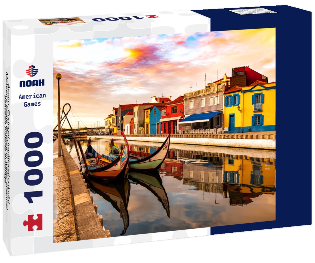 Noah Jigsaw Puzzle Aveiro, Portugal, traditional colorful Moliceiro boats docked in water channel between historic buildings 1000 pieces