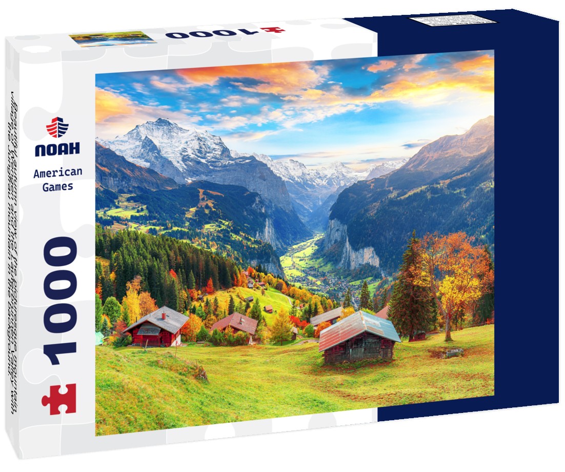 Noah Jigsaw Puzzle Beautiful autumn view of the picturesque mountain village of Wengen and the Lauterbrunnen Valley with the Jungfrau mountain in the background. Location: Wengen village, Bernese Oberland, Switzerland 1000 pieces