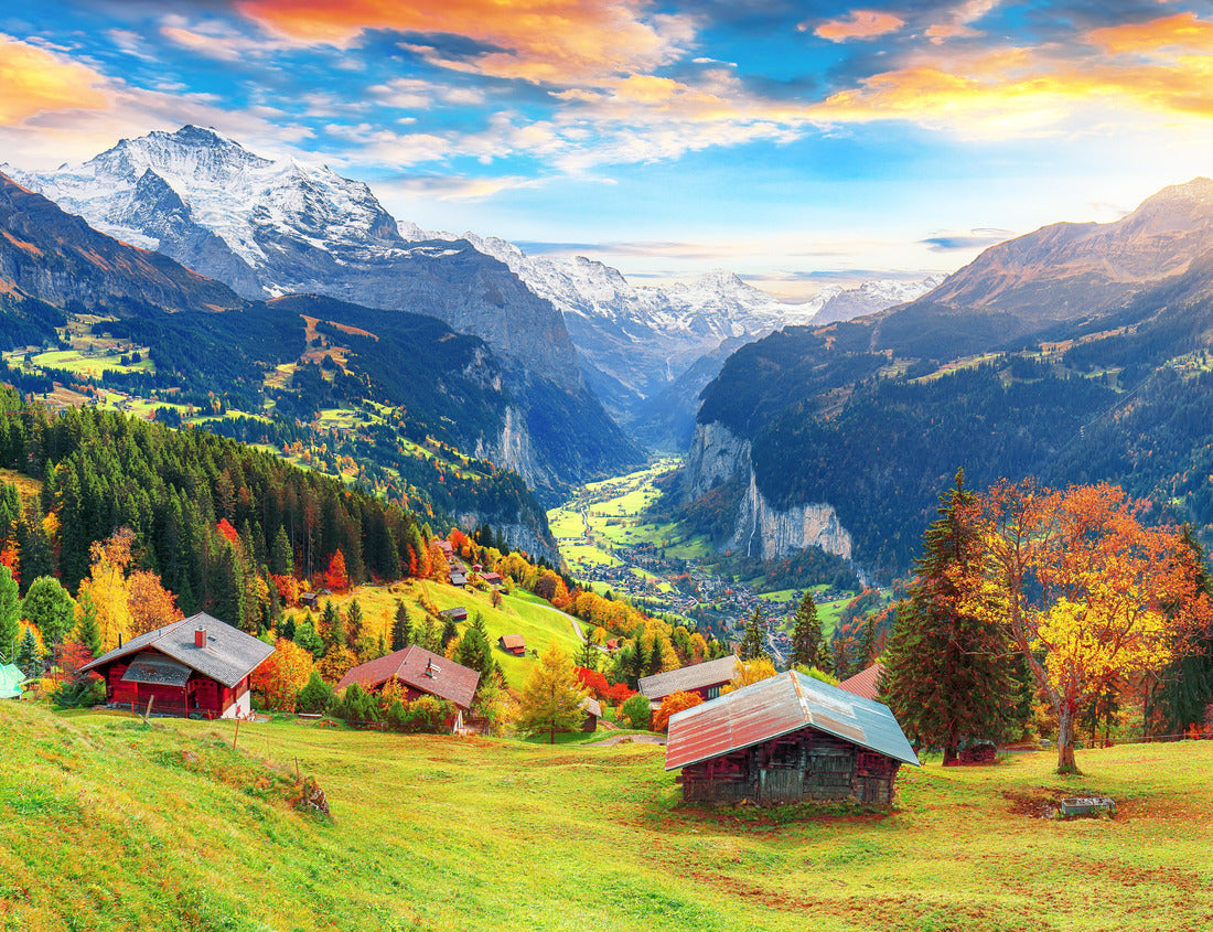 Noah Jigsaw Puzzle Beautiful autumn view of the picturesque mountain village of Wengen and the Lauterbrunnen Valley with the Jungfrau mountain in the background. Location: Wengen village, Bernese Oberland, Switzerland 1000 pieces