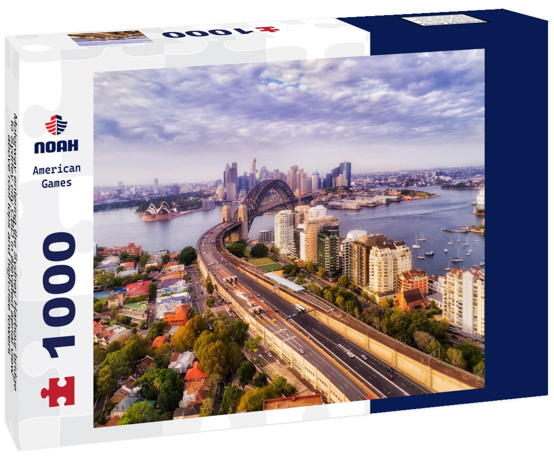 Noah Jigsaw Puzzle Motorway entering the Sydney Harbour bridge to Sydney city CBD in elevated aerial view above roof tops and high-rise towers 1000 pieces