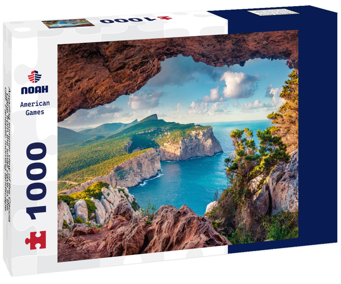 Noah Jigsaw Puzzle Amazing summer view of the Caccia Cape from the small cave in the cliff. Fantastic morning landscape of Sardinia, Italy 1000 pieces