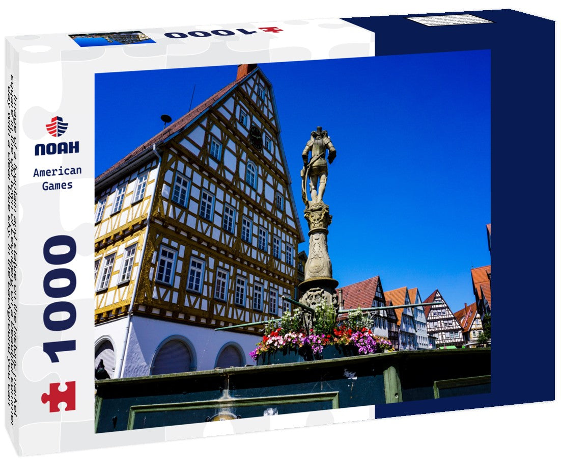 Noah Jigsaw Puzzle Image of a fountain and statue on the historic market square in the old town of Leonberg on a beautiful summer day with a clear blue sky. In the background you can see the colorful half-timbered house 1000 pieces