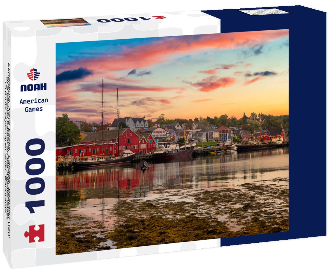 Noah Jigsaw Puzzle Lunenburg, Nova Scotia, Canada. Beautiful view of a historic harbor on the Atlantic coast. Colorful skyscraper artist. Panorama 1000 pieces